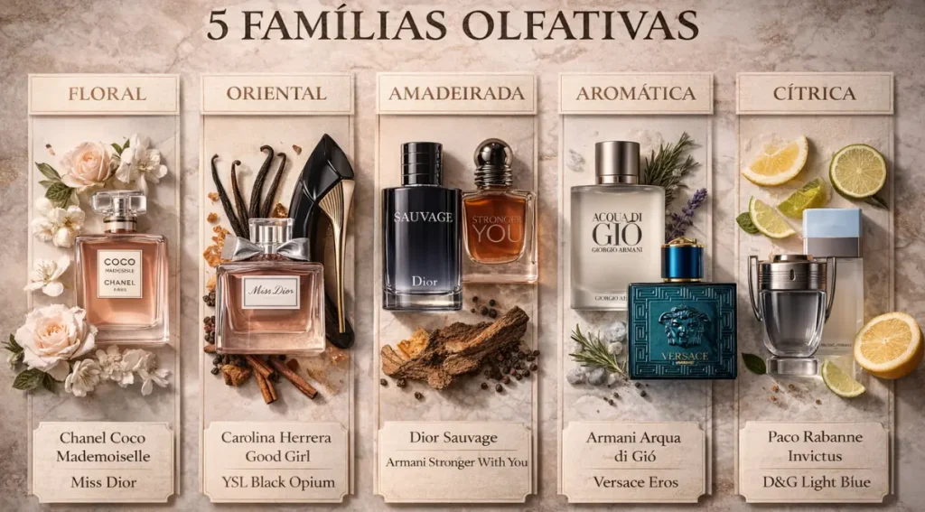famílias olfativas perfumes floral, oriental, aquático, gourmand, aromático