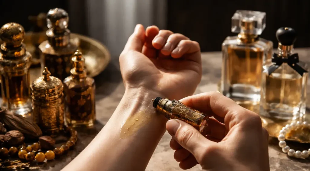 como aplicar attar árabe, óleo de perfume, pulso, técnica correta