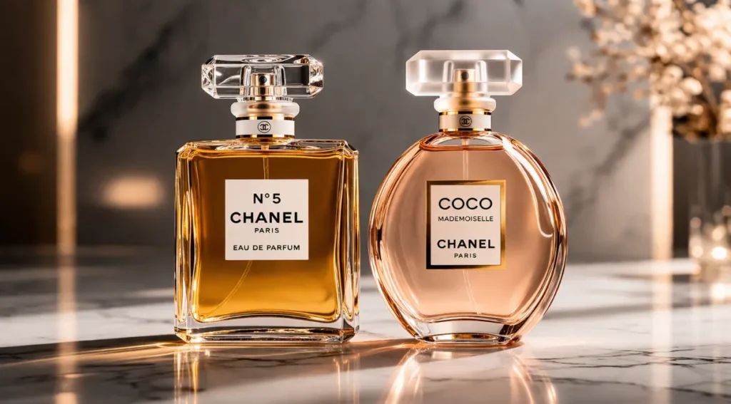 Chanel N5 vs Coco Mademoiselle frascos lado a lado comparação