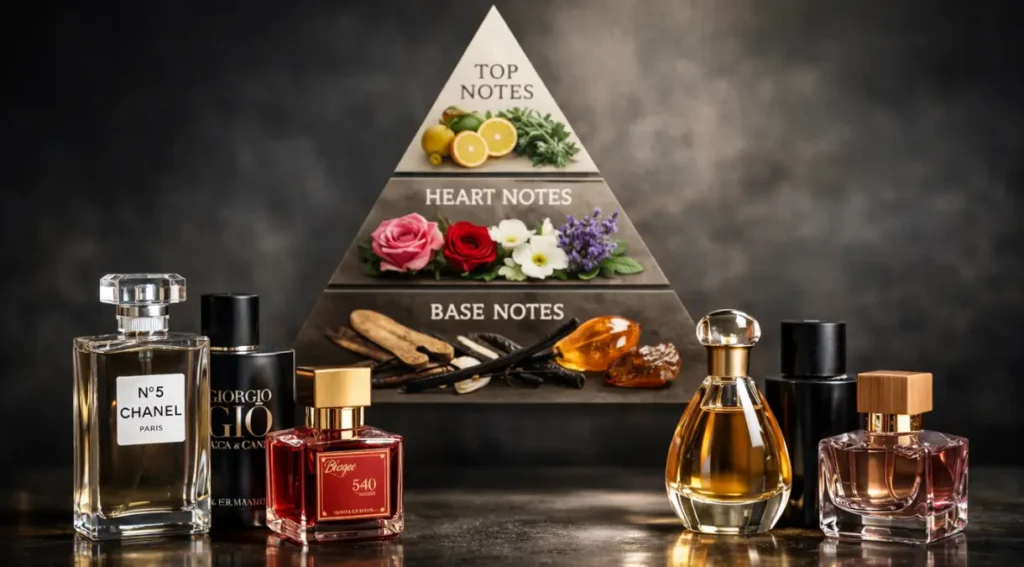pirâmide olfativa notas perfume topo coração fundo