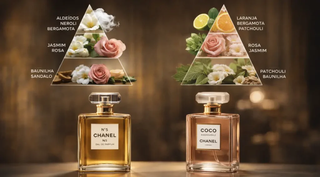 pirâmide olfativa Chanel N5 Coco Mademoiselle notas topo coração base