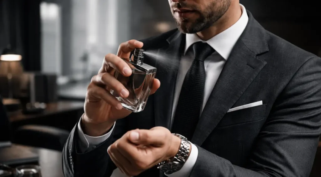 homem aplicando perfume trabalho reunião negócios