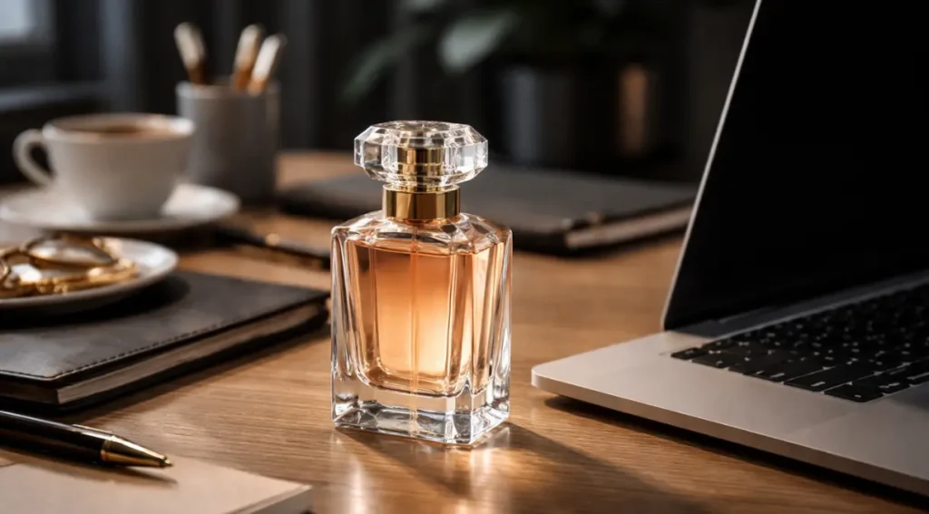 perfume feminino para usar no trabalho, mesa de escritório