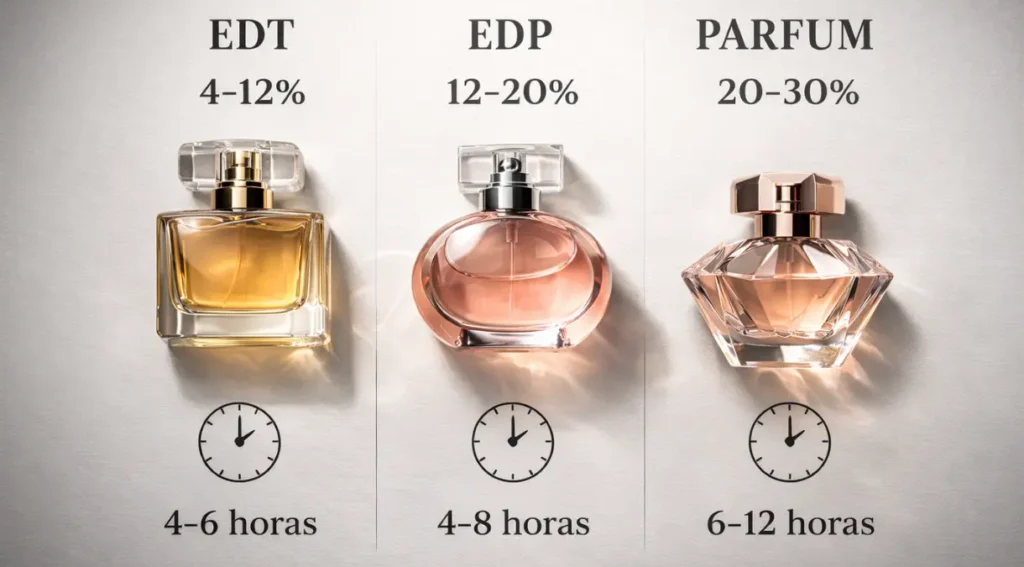 diferença entre eau de toilette, eau de parfum, concentração, duração