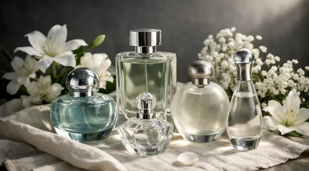 Perfumes frescos femininos, mesa decorada com flores brancas