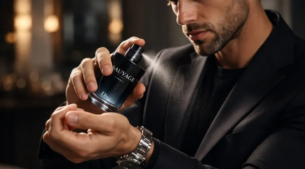 homem usando Sauvage Dior perfume masculino aplicação