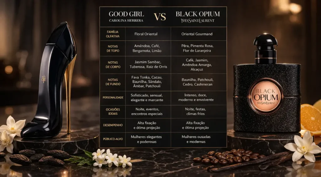 pirâmide olfativa Good Girl Carolina Herrera Black Opium YSL comparação notas