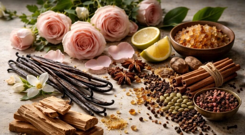 ingredientes naturais perfumaria rosa jasmim sândalo composição fragrâncias