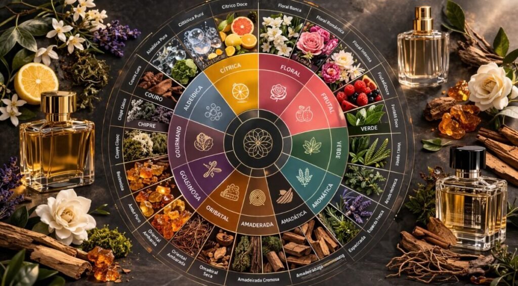 roda olfativa famílias olfativas perfume floral oriental madeiroso