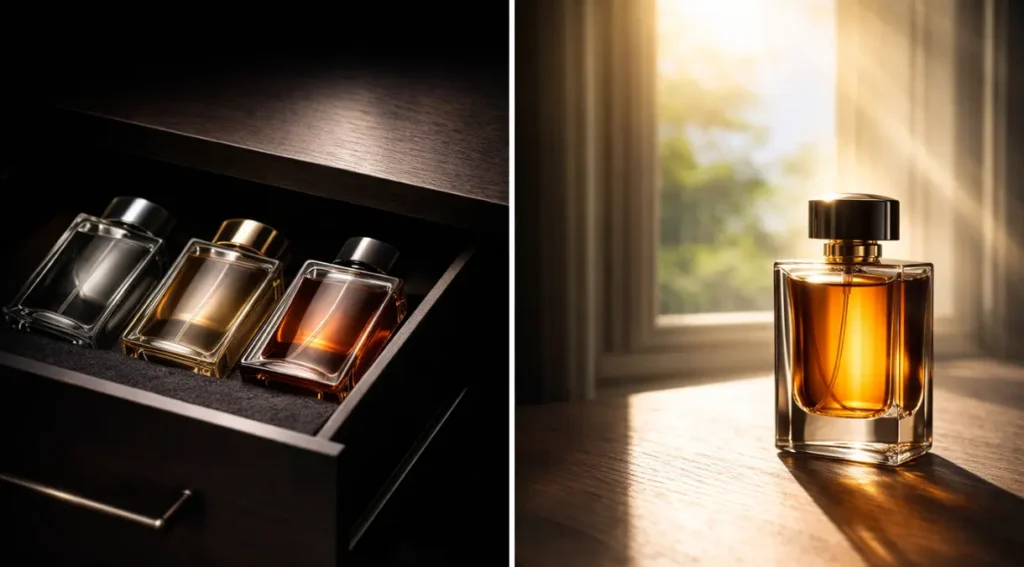como armazenar perfume corretamente: gaveta escura longe do calor