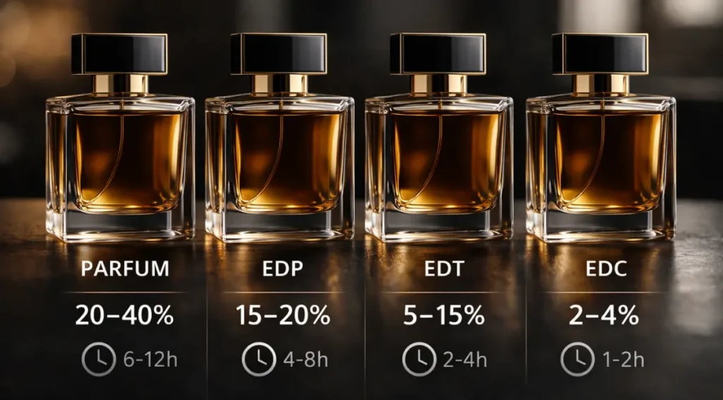 tipos concentração perfume parfum edp edt edc duração