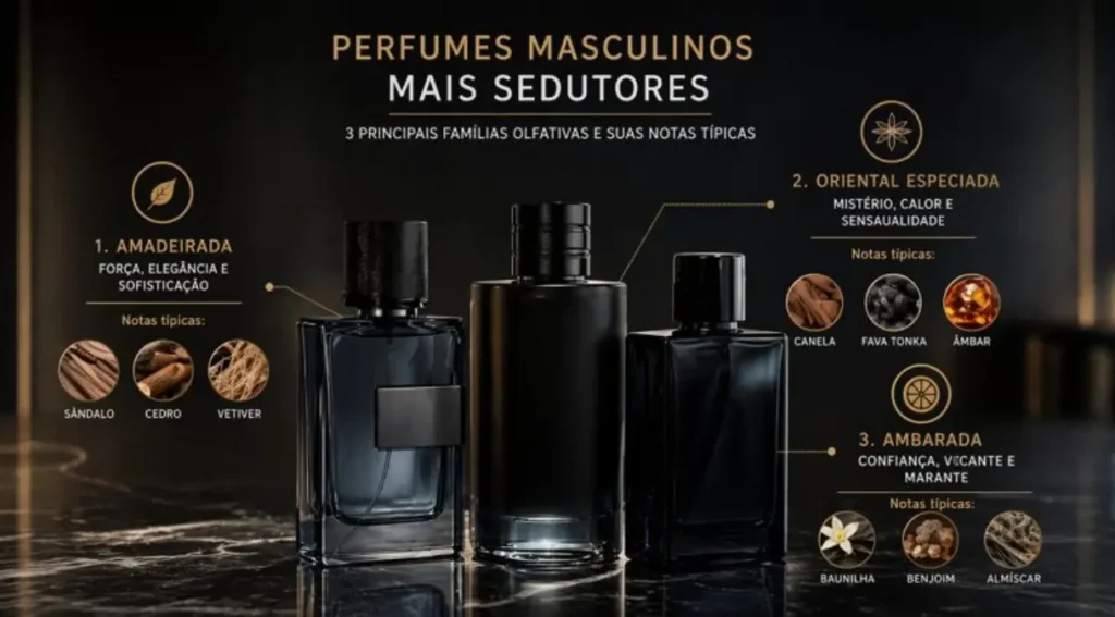 famílias olfativas perfumes masculinos sedutores oriental lenhoso fougere