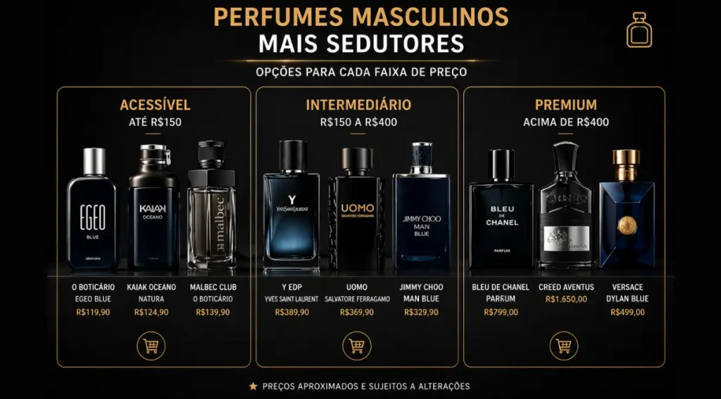 perfumes masculinos sedutores preço custo-benefício 2026