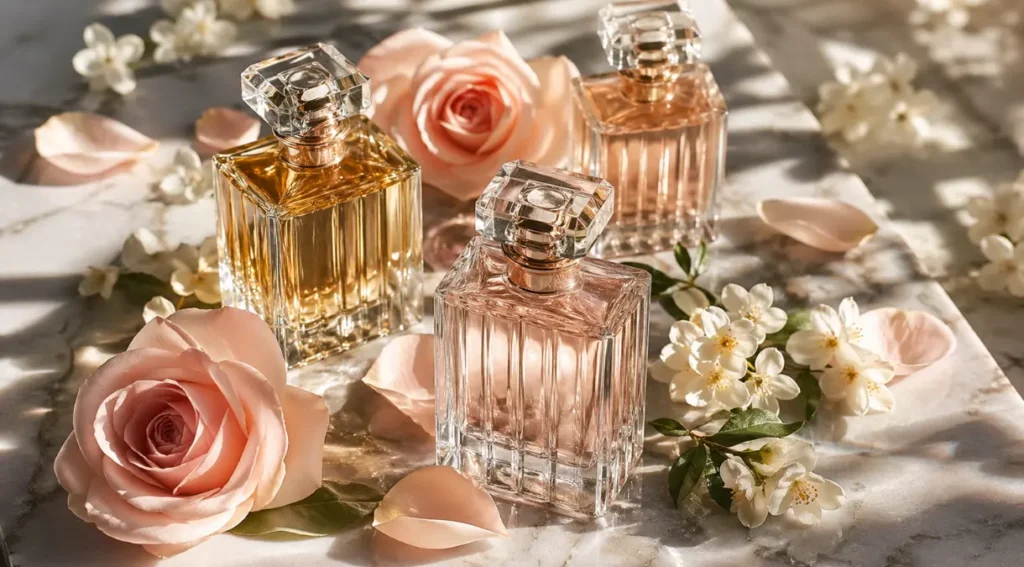 perfumes florais femininos frascos elegantes pétalas rosas