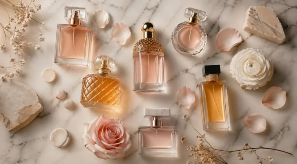 tendências perfume feminino 2026 frascos elegantes flat lay