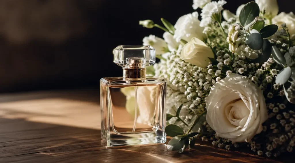 perfume para casamento feminino frasco elegante buquê flores brancas