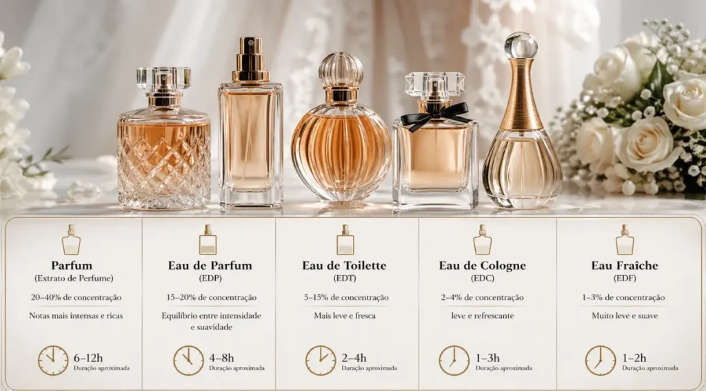 tipos de concentração perfume eau de parfum extrait duração casamento