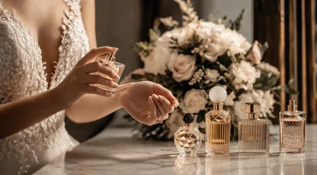 noiva aplicando perfume casamento pulso buquê branco fotografia elegante