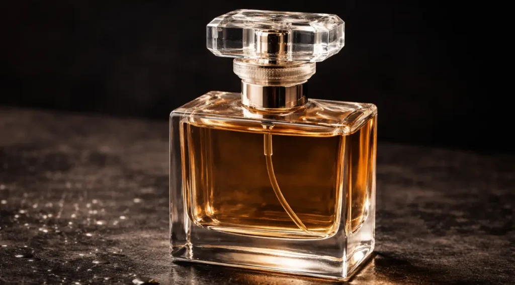 frasco de perfume fechado corretamente com tampa e borrifador para conservação