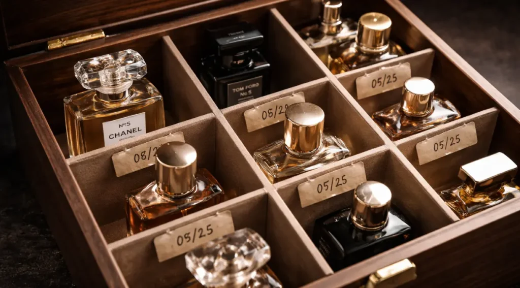 organizar coleção de perfumes em caixa de madeira com etiquetas de data de abertura