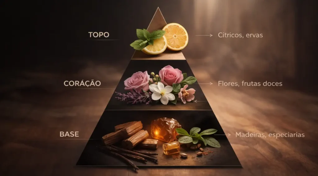 pirâmide olfativa notas perfume topo coração base