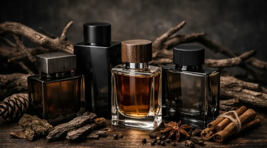 perfumes amadeirados masculinos flacons sobre bancada de madeira