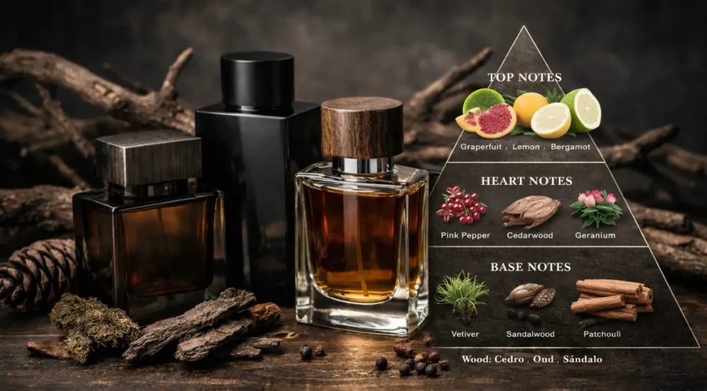 pirâmide olfativa perfume amadeirado notas de topo coração e base