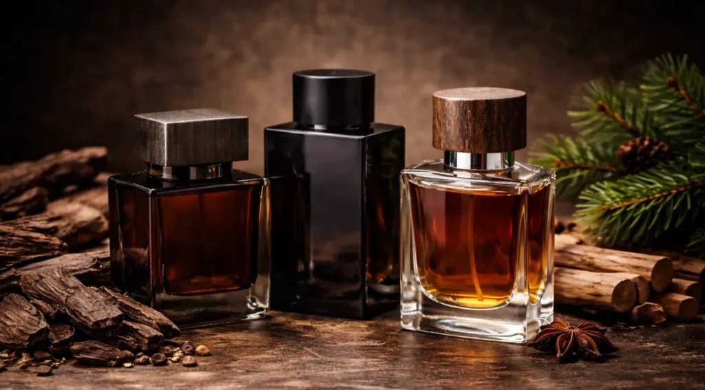 coleção perfumes amadeirados masculinos três frascos mesa madeira