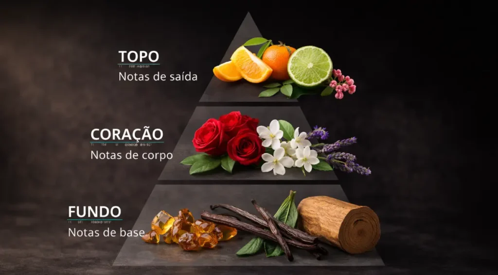 pirâmide olfativa notas de topo coração e fundo perfumes importados
