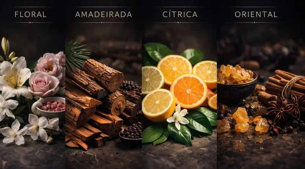 famílias olfativas perfume infográfico floral oriental cítrico