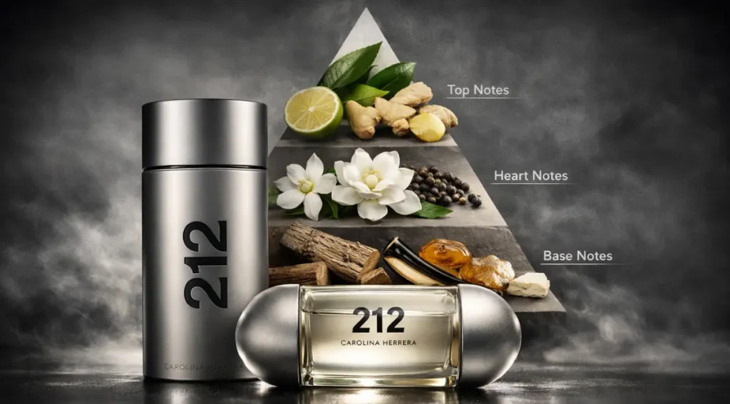 pirâmide olfativa 212 Carolina Herrera notas topo coração fundo