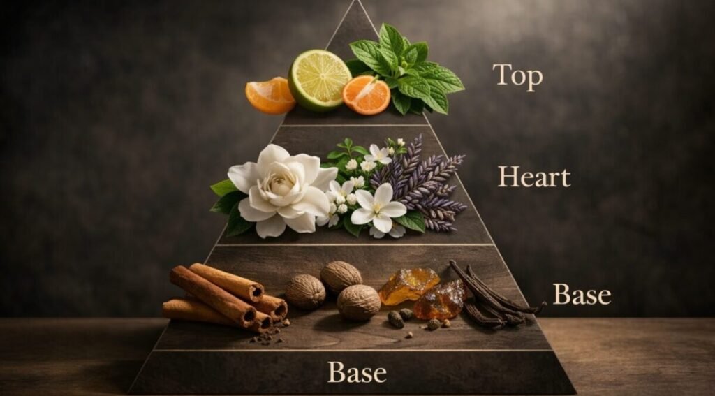 pirâmide olfativa notas topo coração base perfume