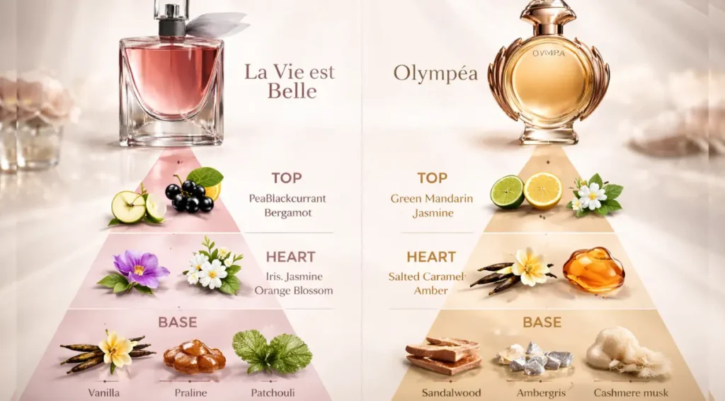 pirâmide olfativa La Vie Est Belle vs Olympéa comparação notas perfume
