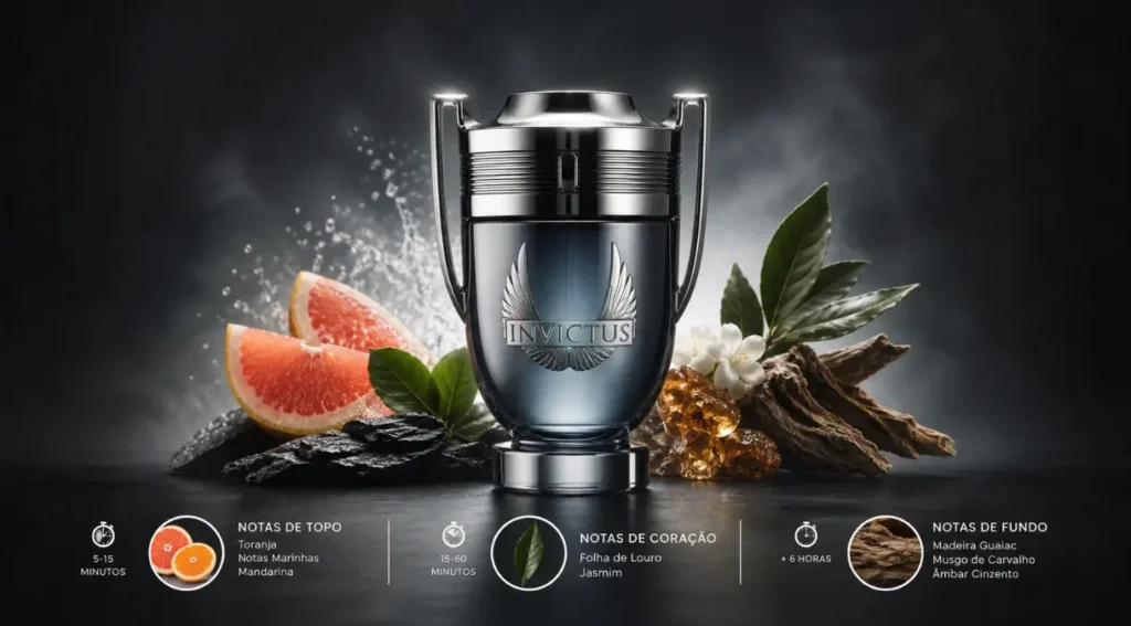 pirâmide olfativa Invictus Paco Rabanne notas topo coração fundo