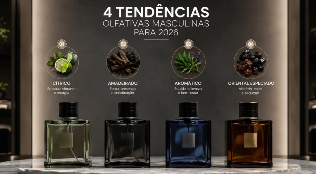 tendências perfumes masculinos 2026 madeiras especiarias aquáticos