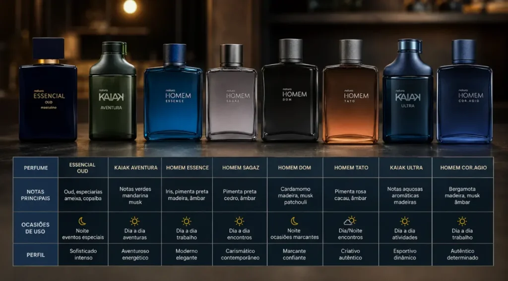 comparativo perfumes masculinos natura 2026 fixação ocasião