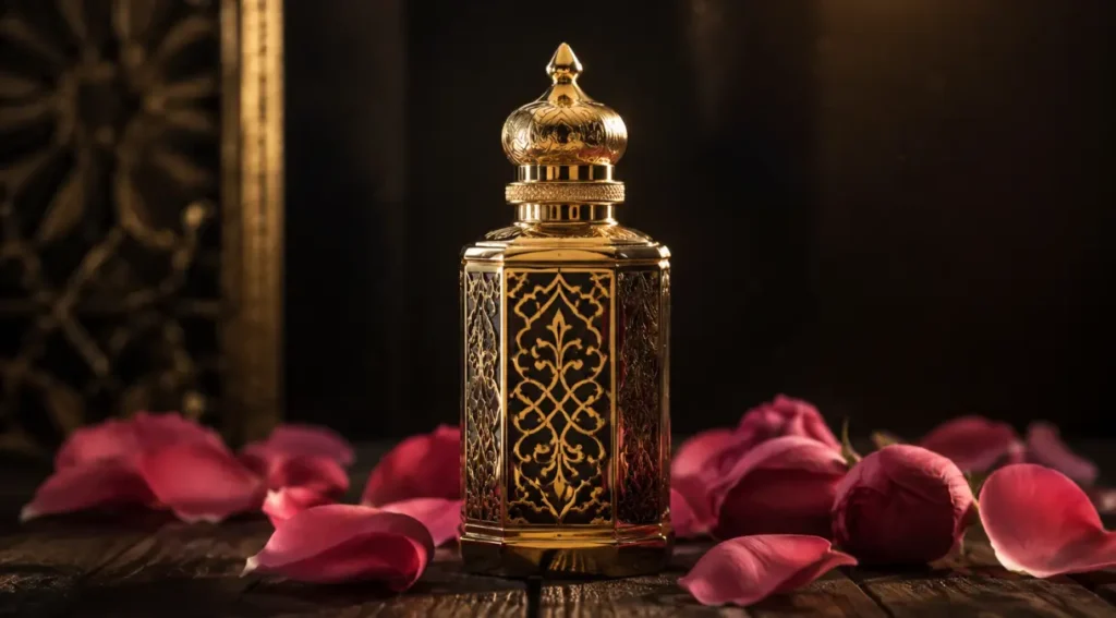 perfume árabe attar frasco dourado tradicional