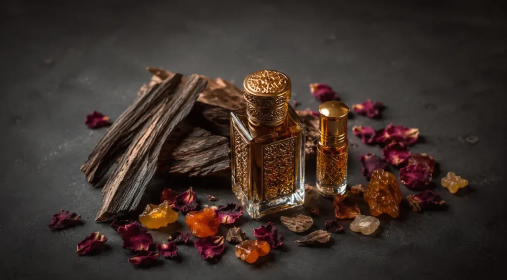 matérias-primas perfume árabe oud rosa âmbar attar