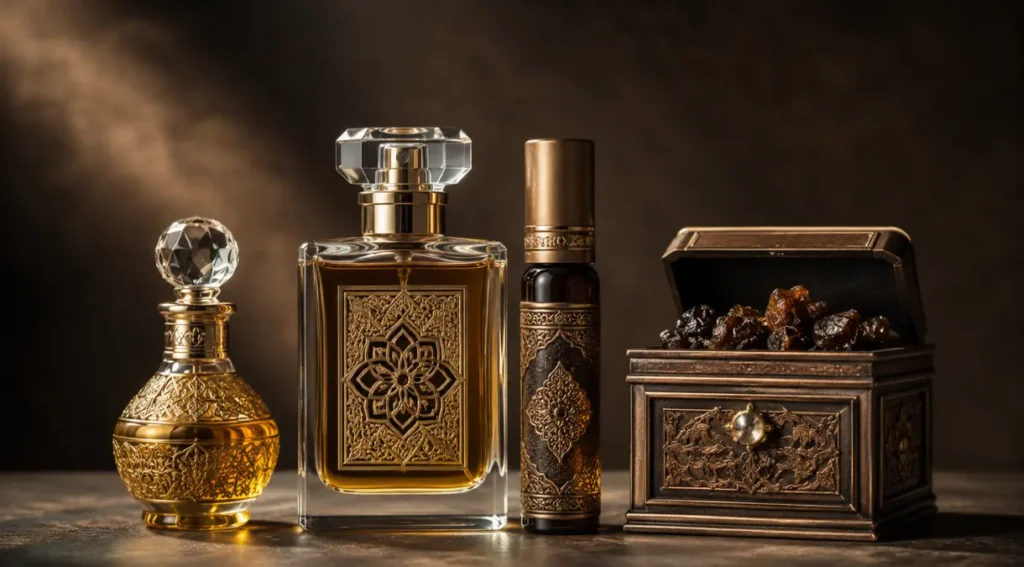 tipos de perfume árabe attar EDP bakhoor comparação