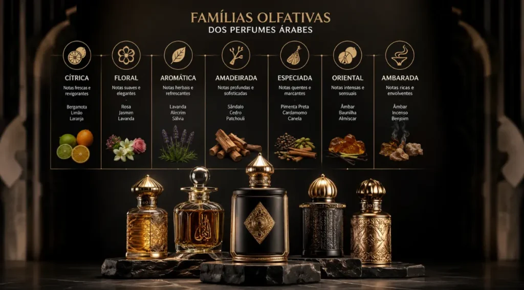 famílias olfativas perfumes árabes masculinos guia