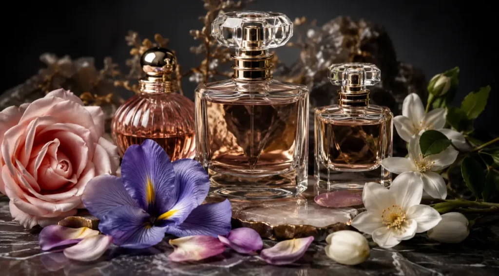 ingredientes naturais perfume de nicho floral rosa íris jasmim
