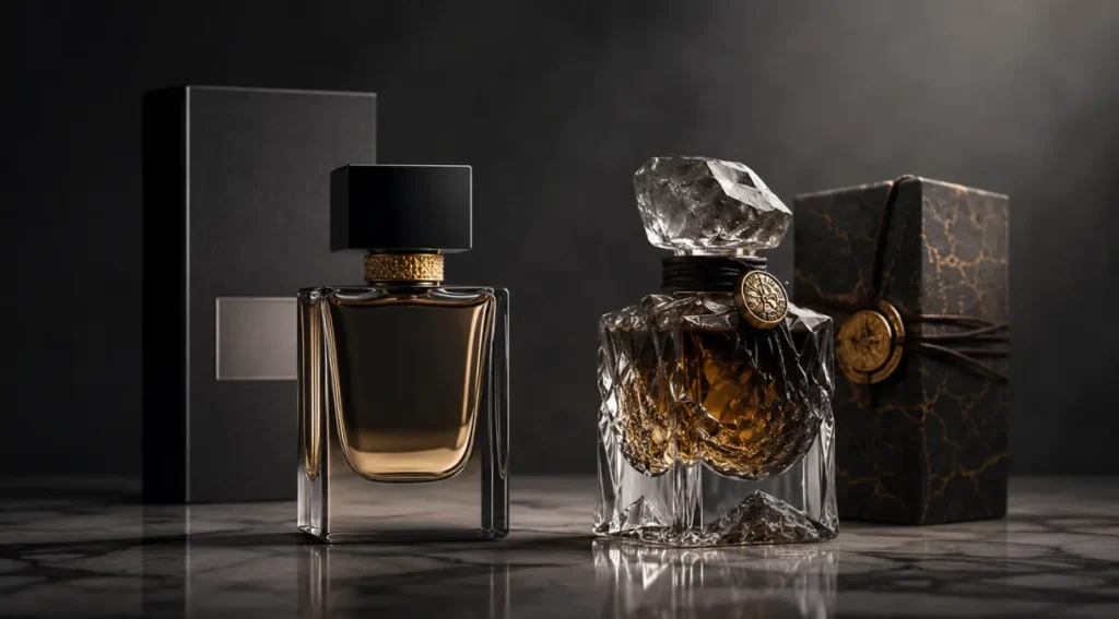 diferença perfume nicho designer embalagem comparação