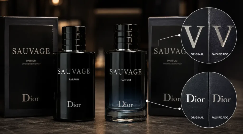 embalagem perfume original versus falso diferenças impressão