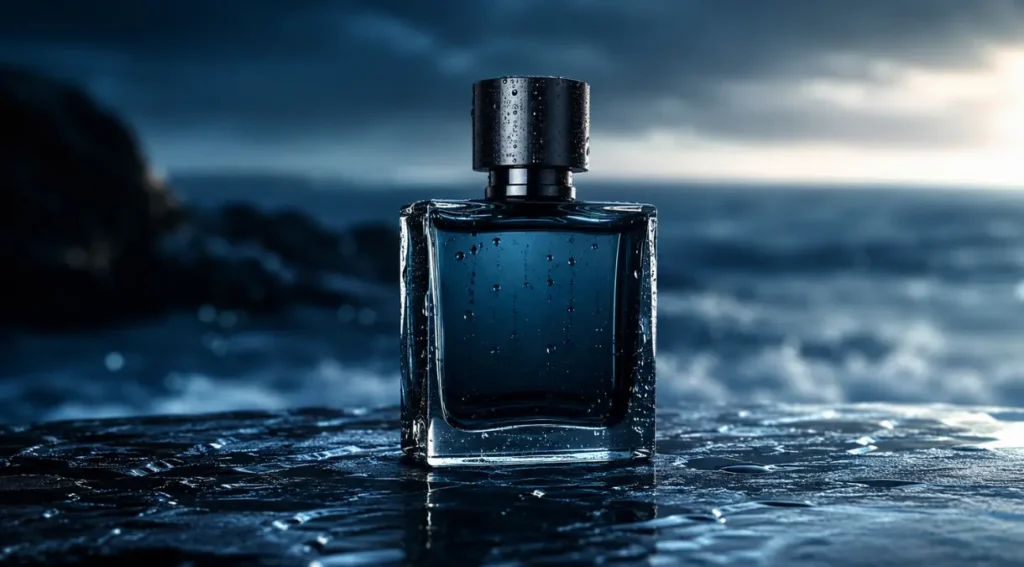 perfume aquático masculino frasco elegante fundo oceano