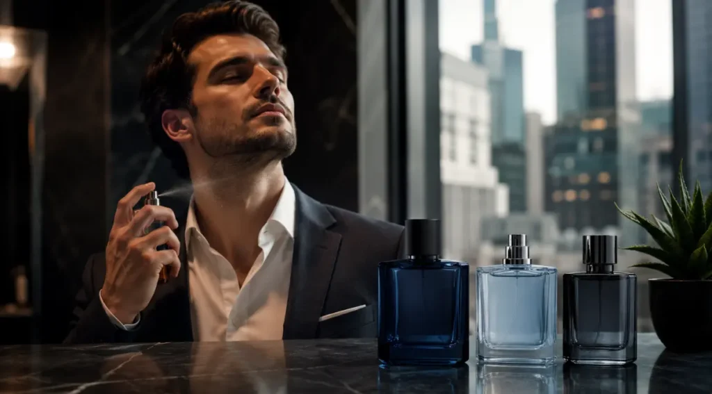 homem aplicando perfume aquatico masculino antes de trabalhar