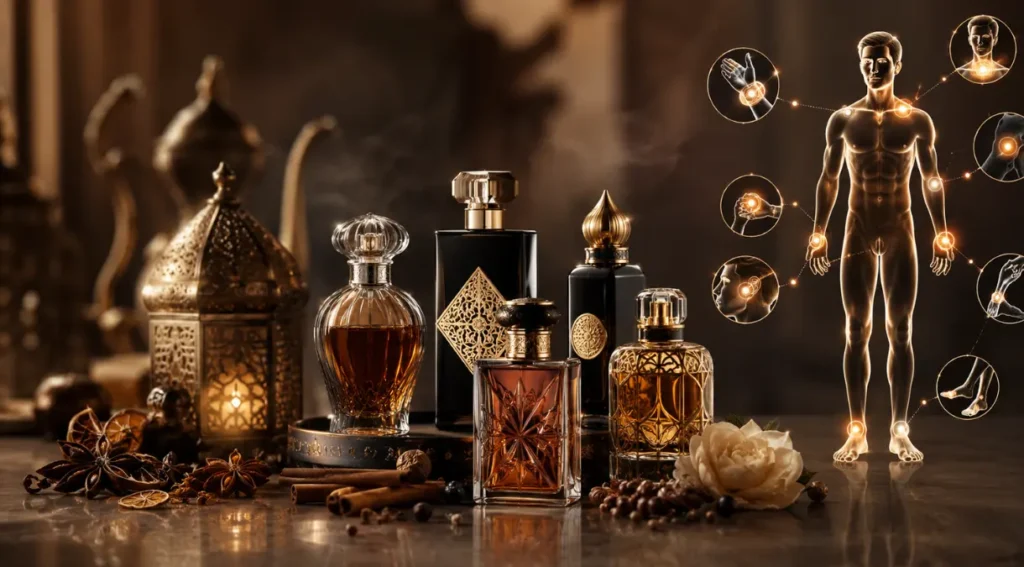 pontos de aplicação perfume oriental corpo diagrama correto