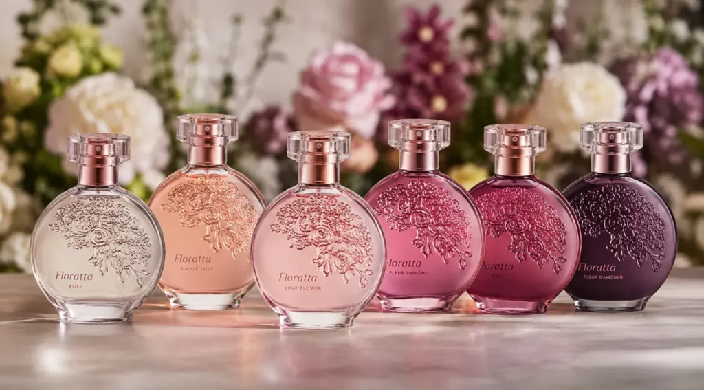 Frascos da linha Floratta organizados por tonalidade, sobre fundo floral desfocado 