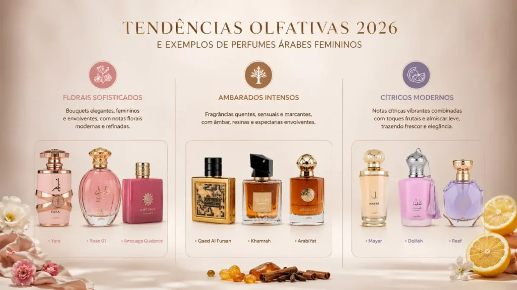 tendências perfumes árabes femininos 2026 gourmand floral oud