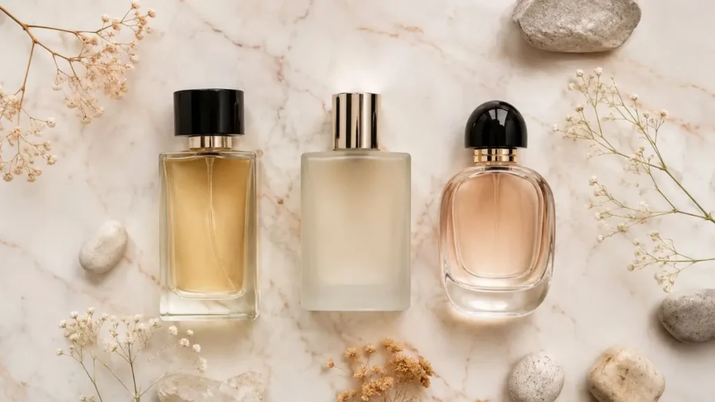 perfumes unissex frascos elegantes mesa mármore 2026