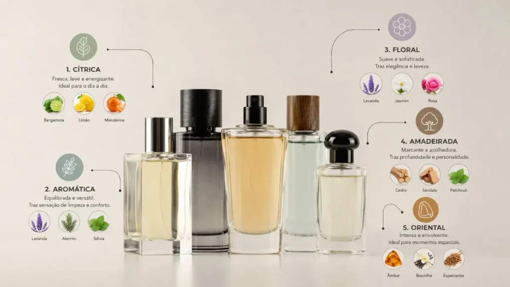 famílias olfativas perfumes unissex infográfico amadeirado almiscarado aromático